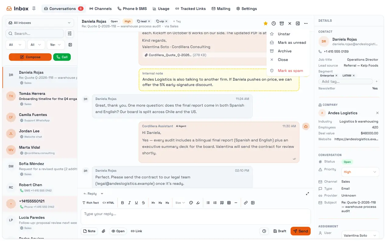 The thread menu: star, mark as unread, archive, close, reopen and spam.