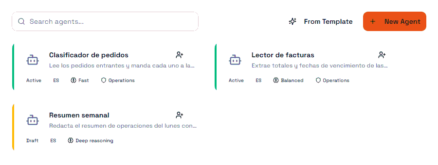 La lista de agentes: cada uno con su estado, idioma, perfil de modelo y rol.