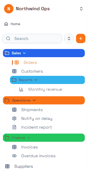 Navigation panel with coloured folders Sales, Operations and Finance, a nested Reports folder, and a table sitting outside any folder
