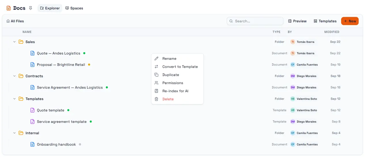 The row menu: rename, convert, duplicate, create inside, permissions, index for AI, delete.