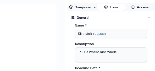 The properties panel, Form tab: name, description, deadline, submit button text, and the column count.