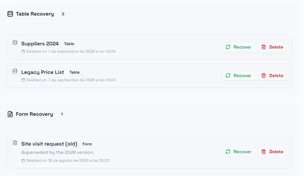 Settings → Recovery: disabled tables and forms, each with Recover and Delete buttons
