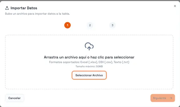Paso 1 del asistente de importación: la zona de arrastre, los formatos aceptados y el límite de tamaño