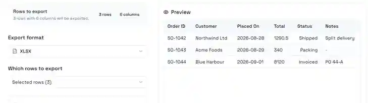 The export dialog: format, which rows to export, and a live preview of the file