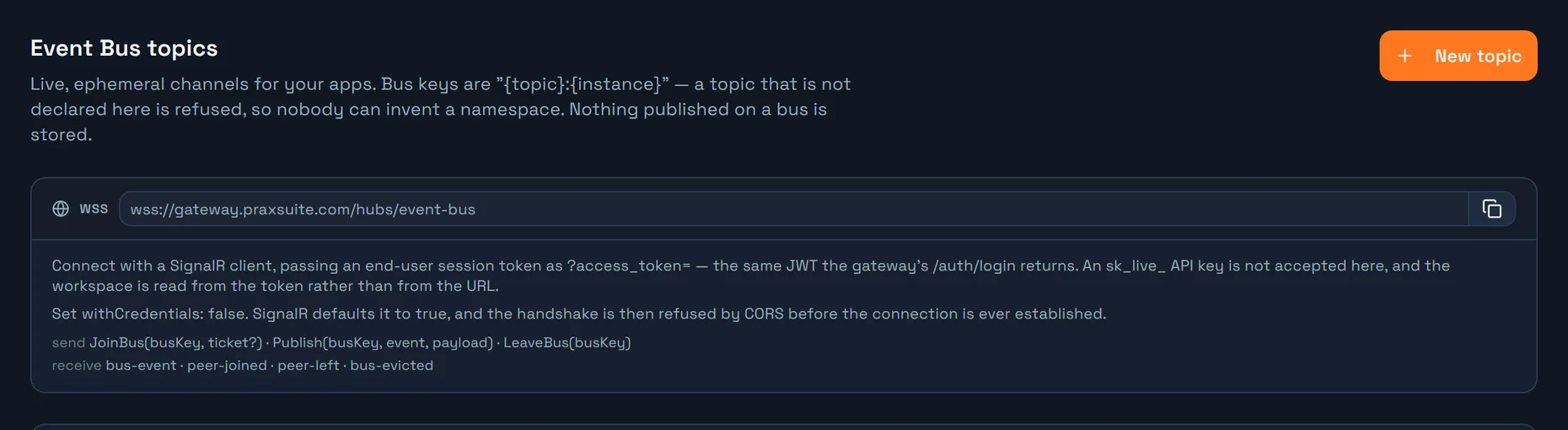 The connection URL at the top of the Event Bus tab