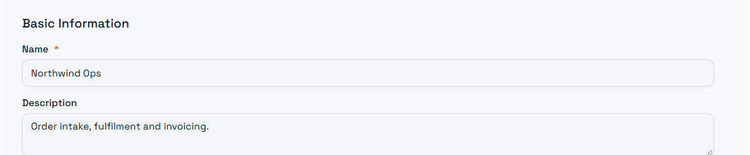 Workspace name, description, sub-domain, culture and time zone under Settings, General