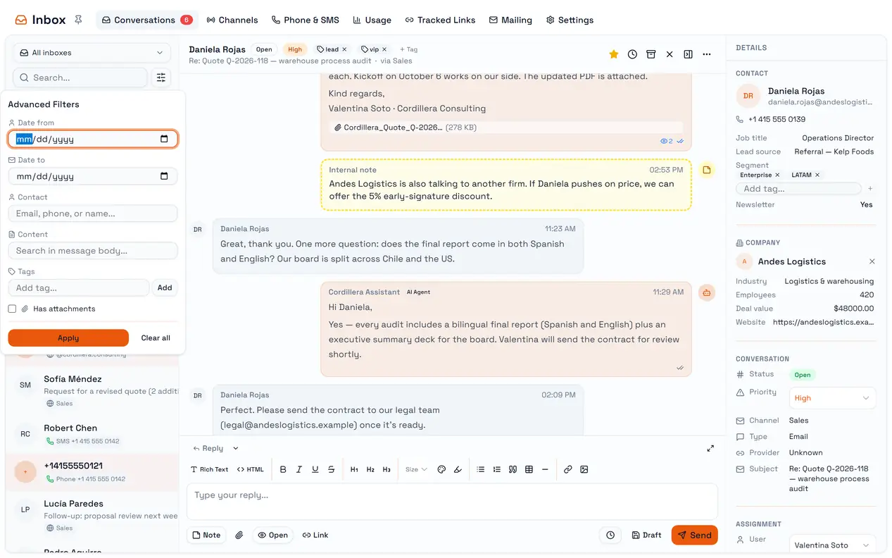 Advanced Filters: dates, contact, message content, tags and attachments.