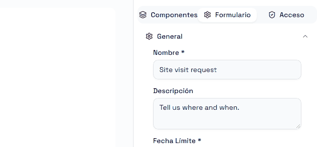 El panel de propiedades, pestaña Formulario: nombre, descripción, fecha límite, texto del botón de envío y cantidad de columnas.