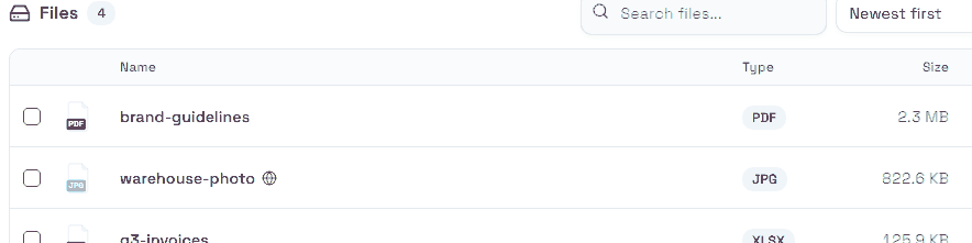 The file list: name, type, size and upload date, with a globe marking the files that are public.