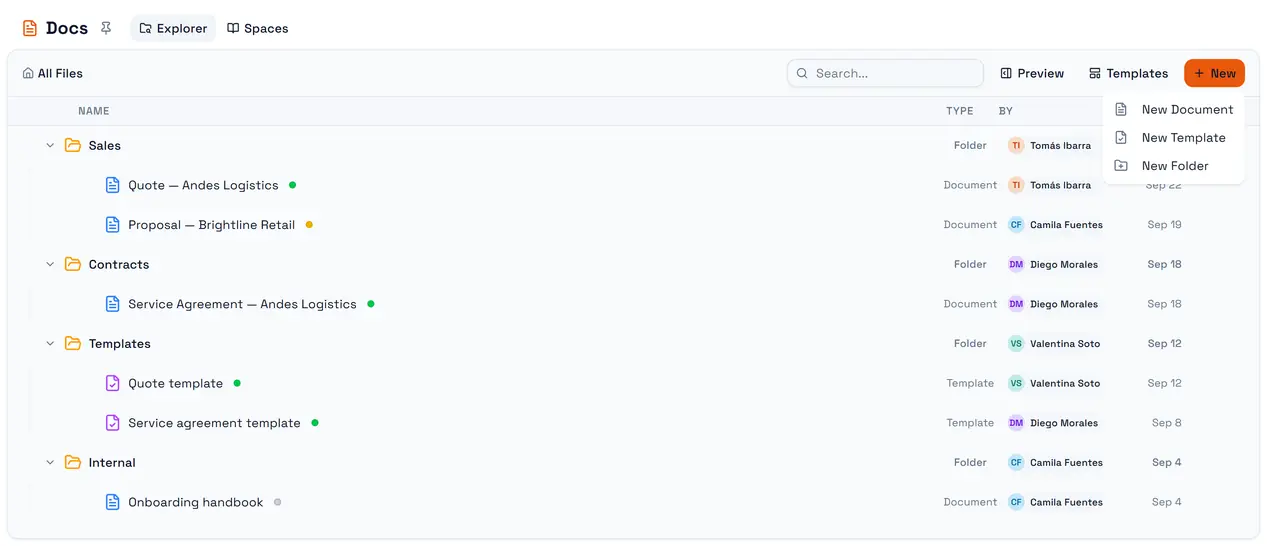 The Docs Explorer: folders on the left, documents and templates in the list, and the New menu.