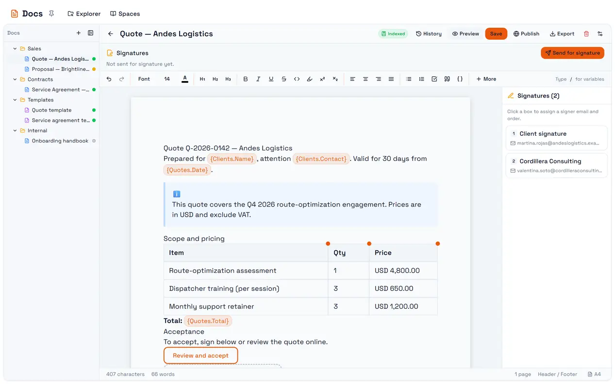 A quote open in the editor: the header actions, the toolbar, and the page.