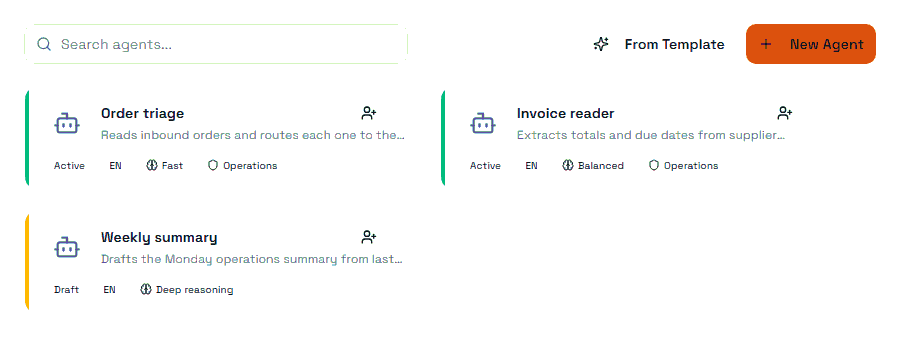 The agents list: each agent with its status, language, model profile and role.