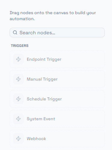 The Triggers section of the node palette, with each node's automation-unit cost