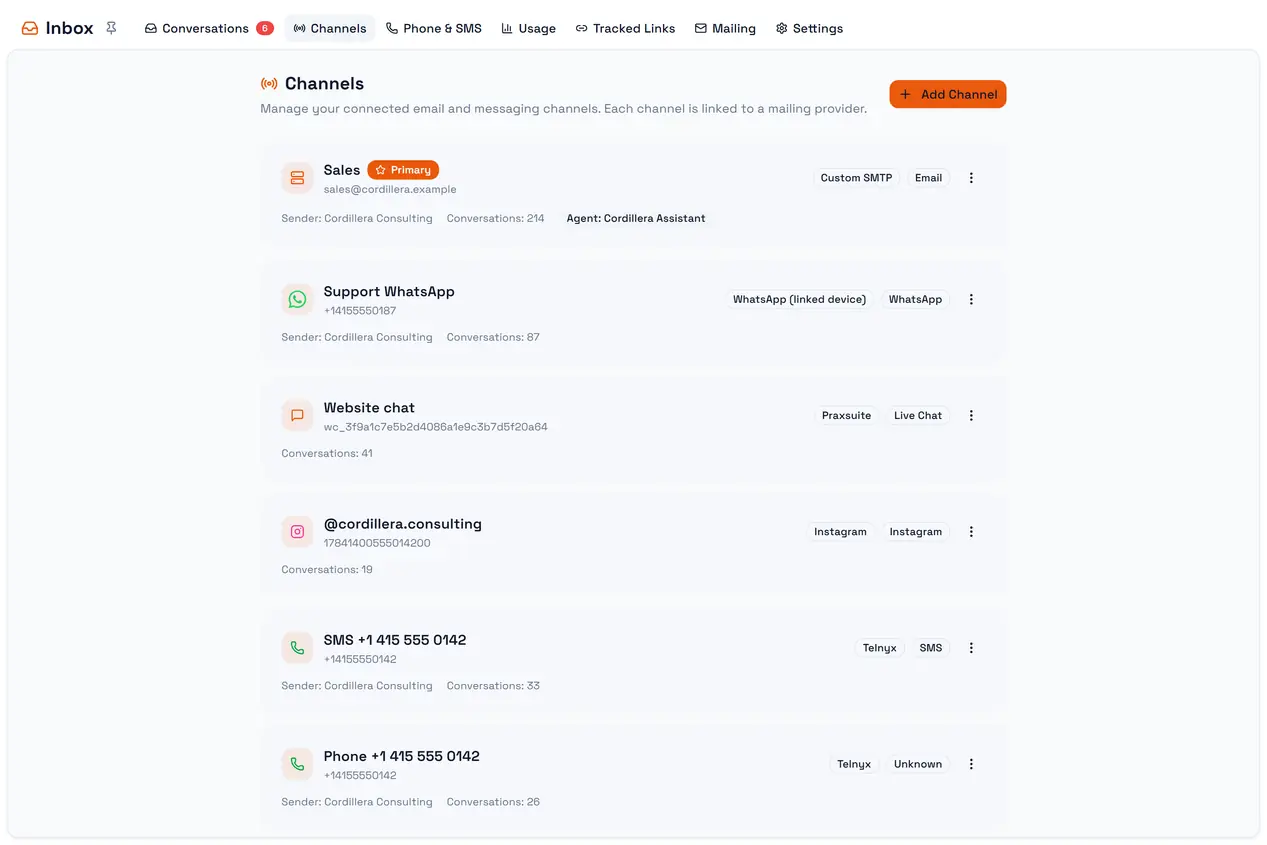 The Channels page: each connected channel with its status and actions.