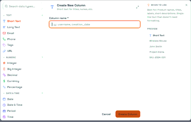 The column picker, grouped into ten categories, with a live preview of the selected type.