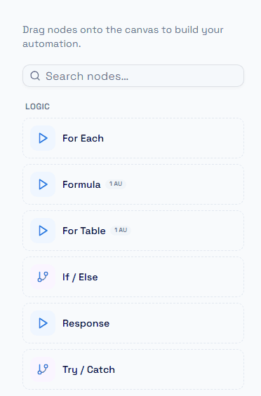 The Logic section of the node palette: the six flow-control nodes