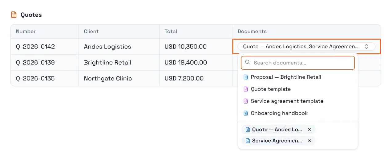 A Document cell with its picker open: documents and templates from the workspace, searchable by name.