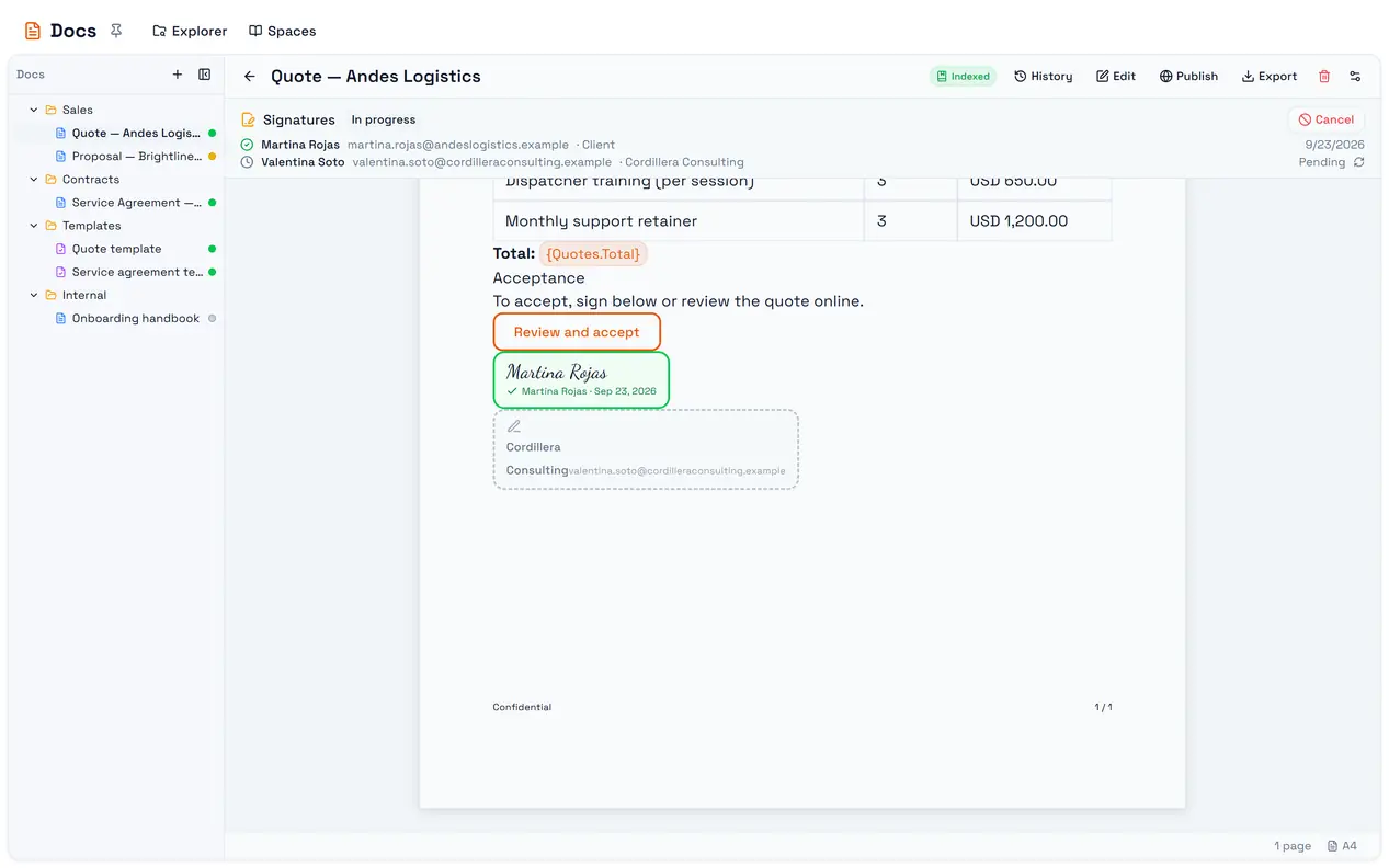 The Signatures panel on a document: the process, each recipient's status, and the actions.