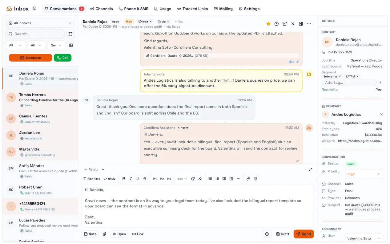 The composer on an email conversation: the Note switch, attachments, open tracking, schedule and draft.