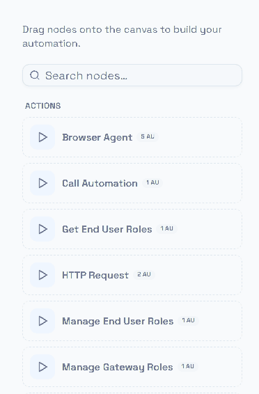 The Actions section of the node palette with the automation-unit cost of each node