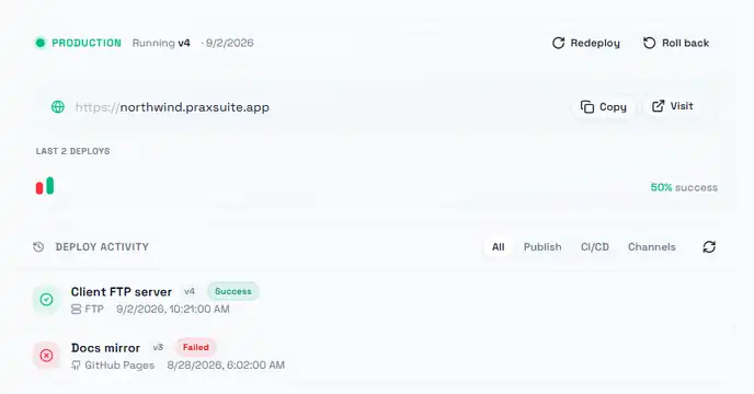 The publish screen: live status and address on the left, deploy activity below, version history on the right