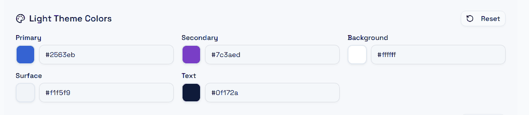 Light theme colours: primary, secondary, background, surface and text, each with a swatch and a hex field