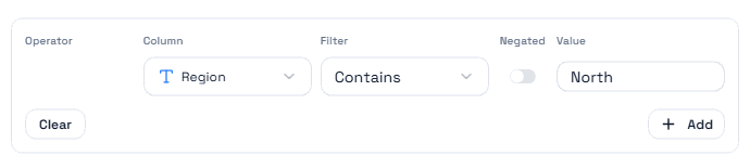 The Filters tab: one condition per row — column, operator, negated, value — with Clear and Add.