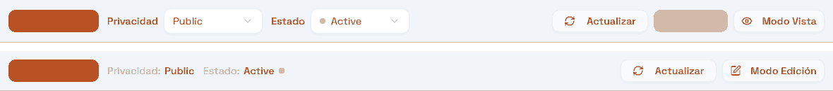 La barra superior del dashboard en modo edición (privacidad y estado como desplegables) y en modo vista (los mismos valores como texto).