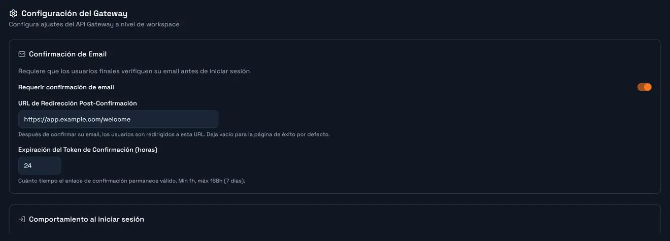 Ajustes del gateway: confirmación de correo y comportamiento de login