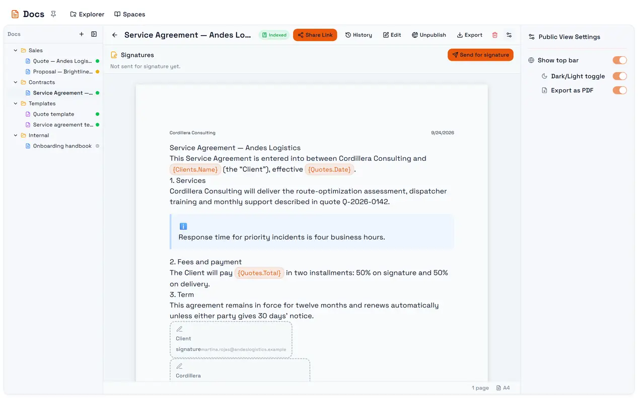 A published document: Share Link copies the public address, and the gear opens the public view settings.