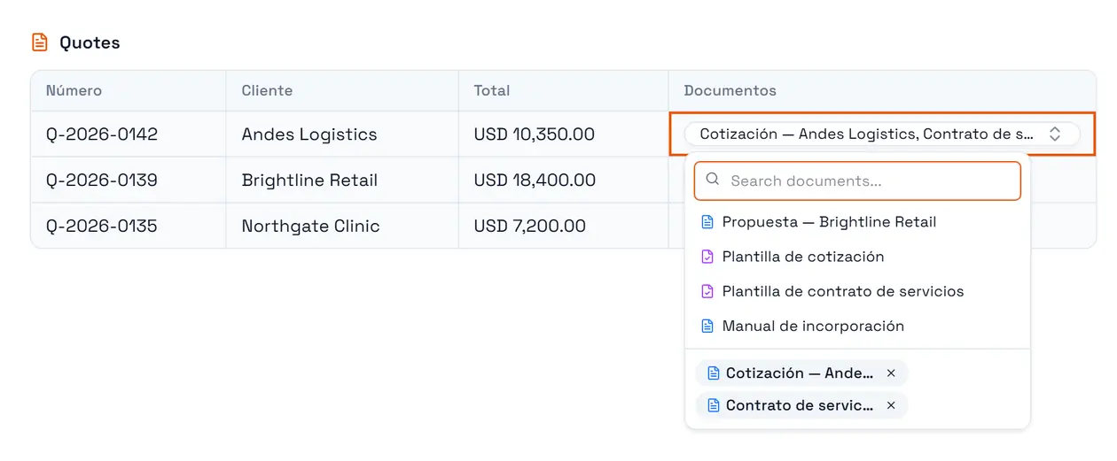 Una celda Documento con su selector abierto: documentos y plantillas del workspace, con búsqueda por nombre.