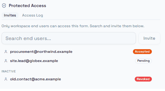 The Protected access panel in the form builder: the Invites and Access log tabs, the end-user search, and the invite list with its statuses