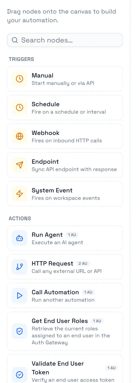 The automation node palette, grouped by category