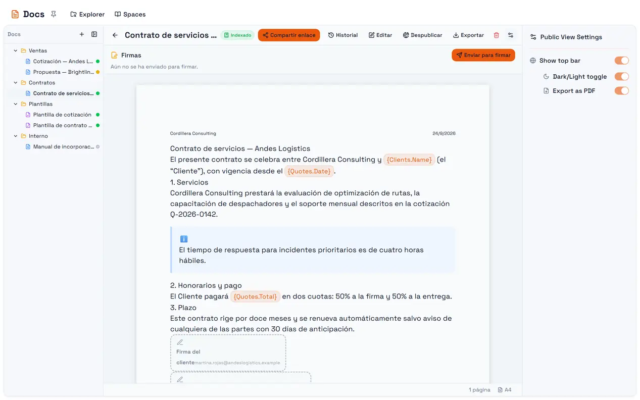 Un documento publicado: Compartir enlace copia la dirección pública y el engranaje abre la configuración de la vista pública.