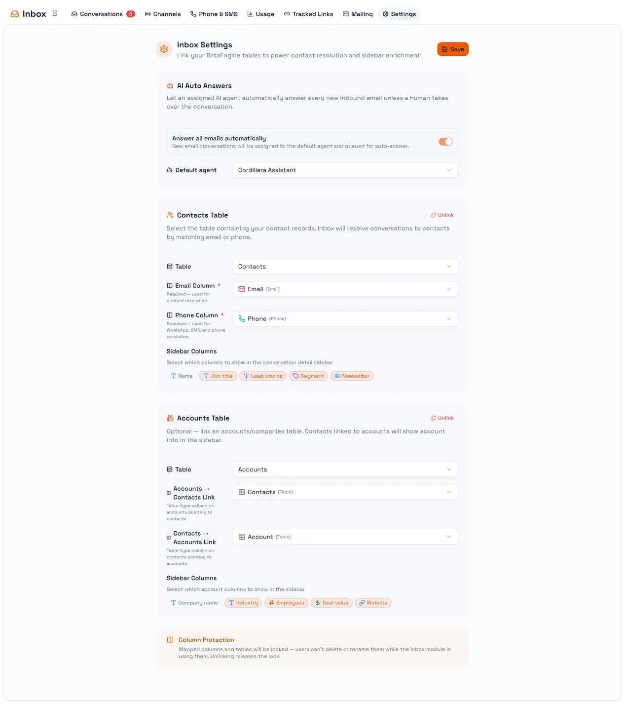 Inbox Settings: AI auto answers, the Contacts table and the Accounts table.