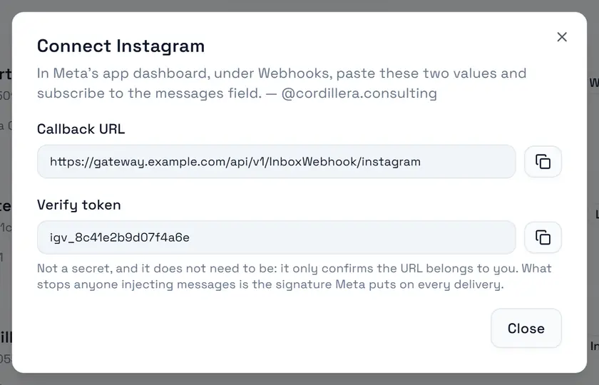 Connect Instagram: the callback URL and verify token to paste into your Meta app.