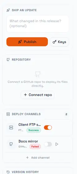 The deploy channels panel: two destinations, each with its own enabled toggle and last result
