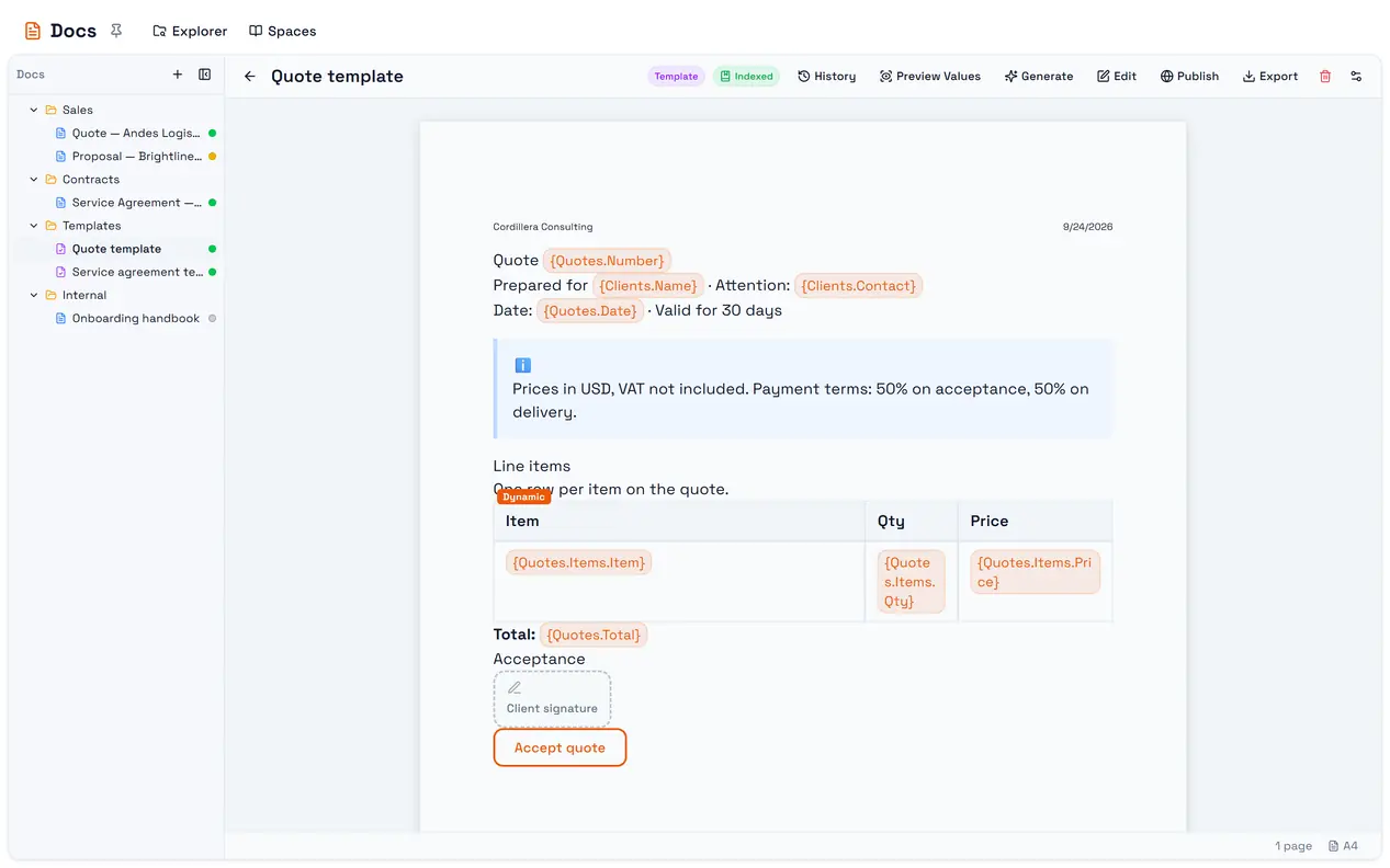A quote template: variables shown as chips, the Template badge, Preview Values and Generate.