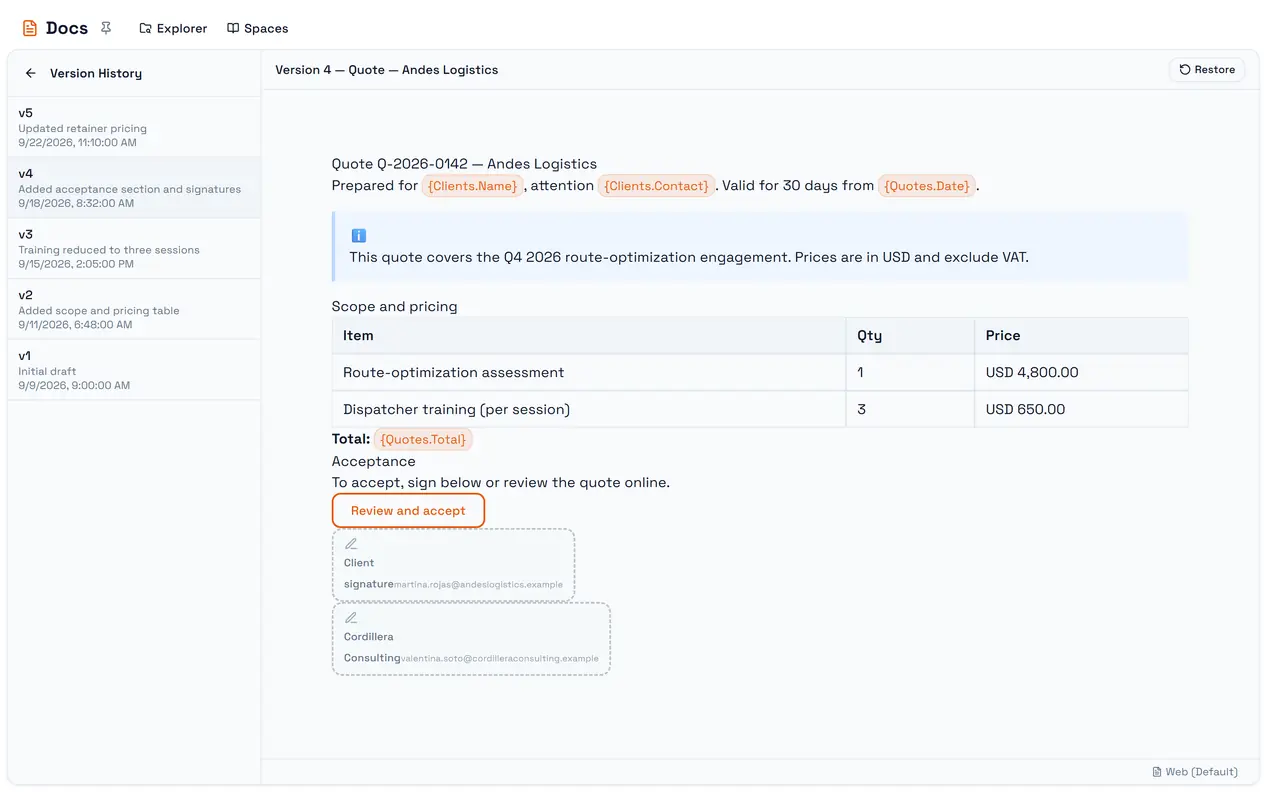 Version history: saved versions on the left, a read-only preview of the selected one, and Restore.