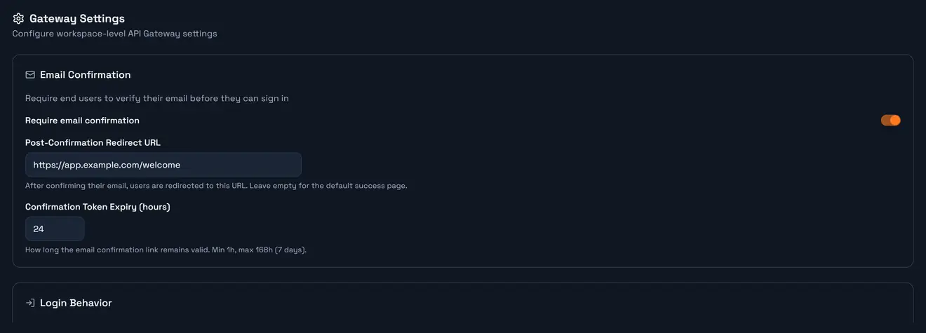 Gateway settings: email confirmation and login behaviour