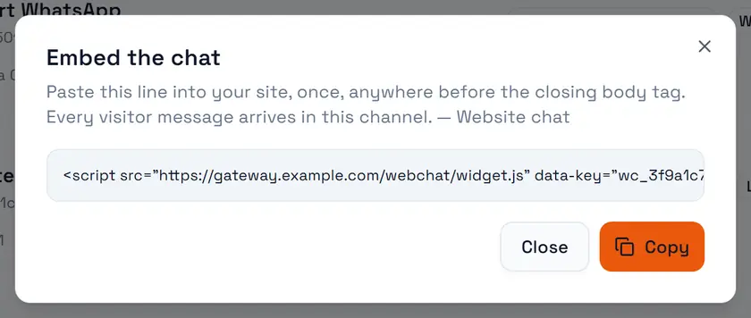The web chat channel: the texts the visitor sees, the allowed sites, and the snippet to embed.