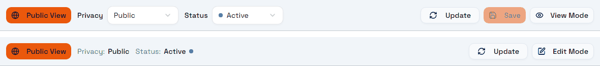 The dashboard top bar in edit mode (privacy and status as dropdowns) and in view mode (the same values as text).