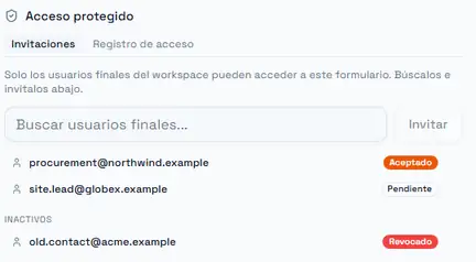 El panel de Acceso protegido en el constructor de formularios: las pestañas Invitaciones y Registro de accesos, el buscador de usuarios finales y la lista de invitaciones con sus estados