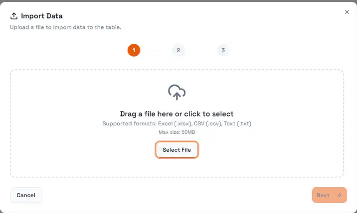 Step 1 of the import wizard: the drop zone, the accepted formats and the size limit