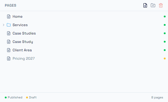 The page tree, with a status dot per page and a count in the footer