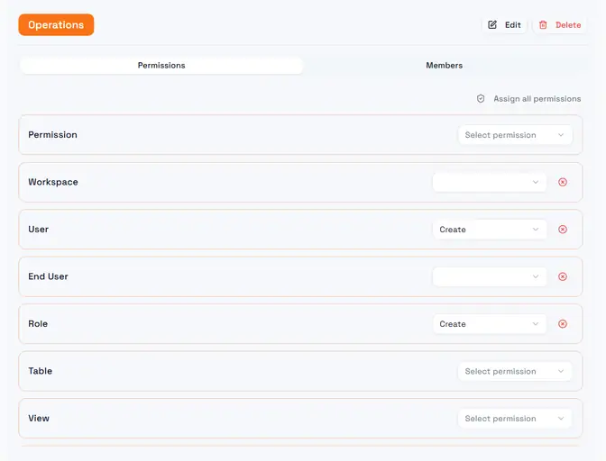 The role editor with a role selected, showing one permission row per feature category