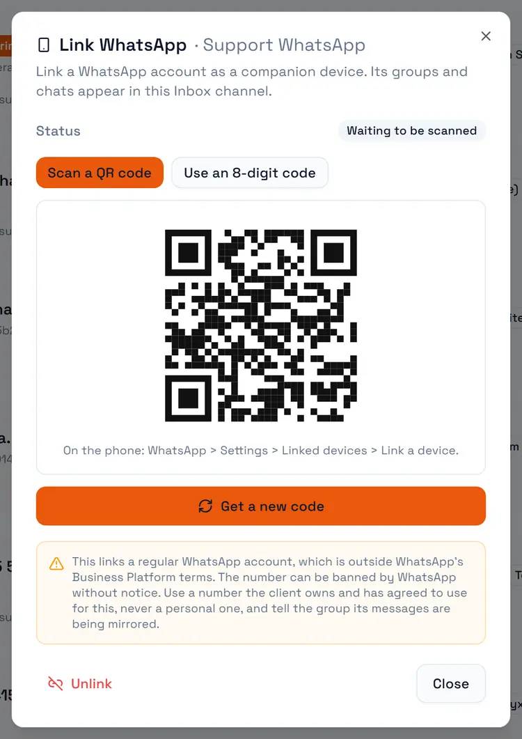 Linking WhatsApp: scan a QR code or use an 8-digit code from the phone.