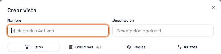 El diálogo Crear vista: nombre y descripción, y las pestañas Filtros, Columnas, Reglas y Ajustes.