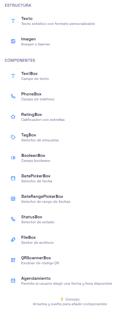 La paleta de componentes, con los bloques de estructura arriba y los componentes de entrada abajo.
