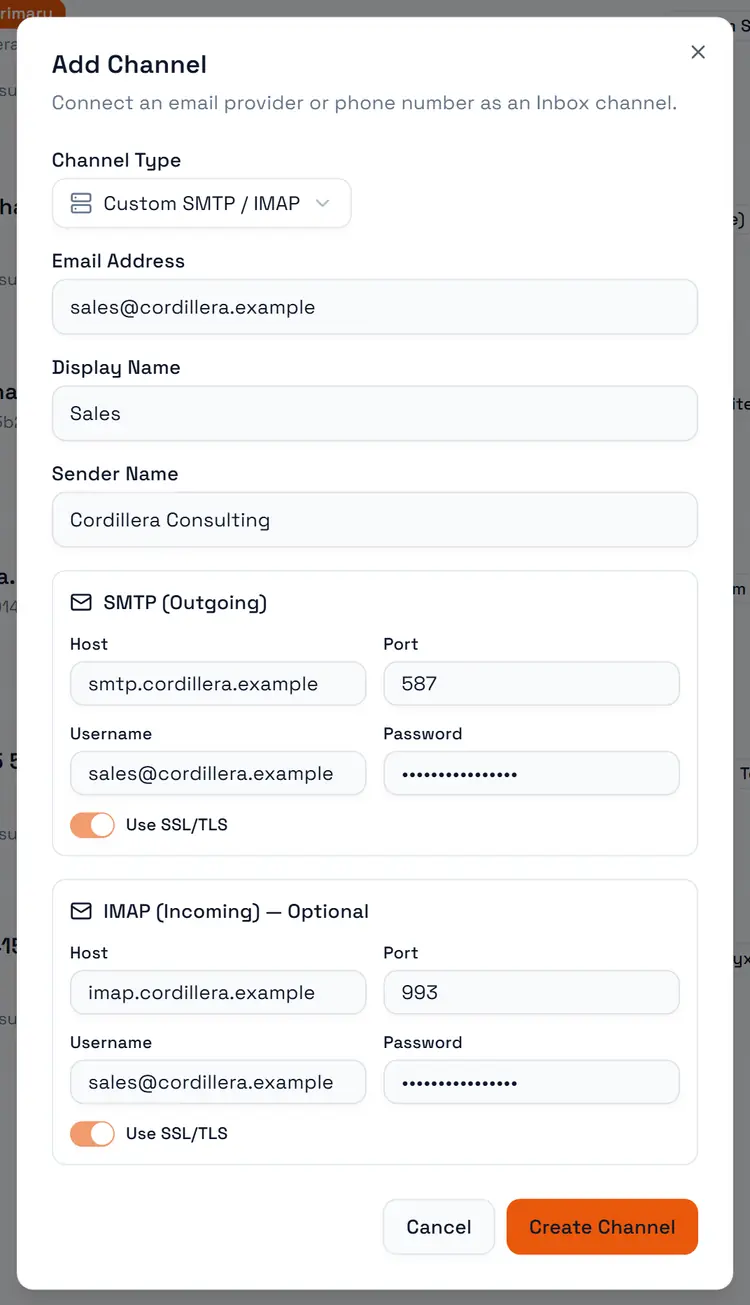 The Custom SMTP / IMAP form: the address, the sending server and the receiving server.